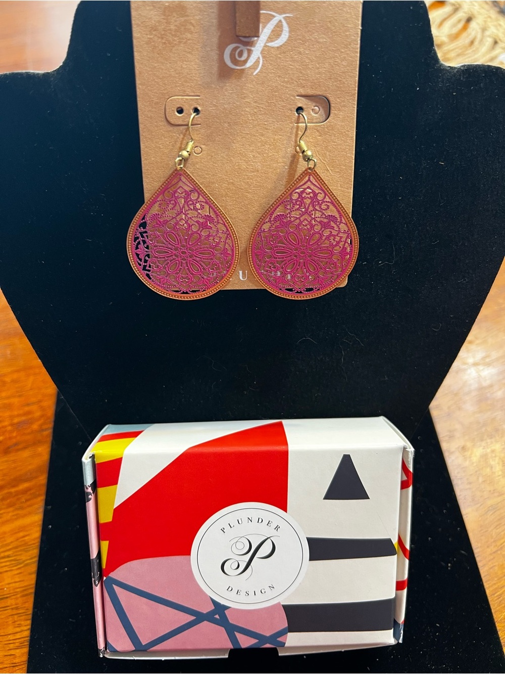 Plunder Pink Filigree Teardrop Earrings with Gold Hooks